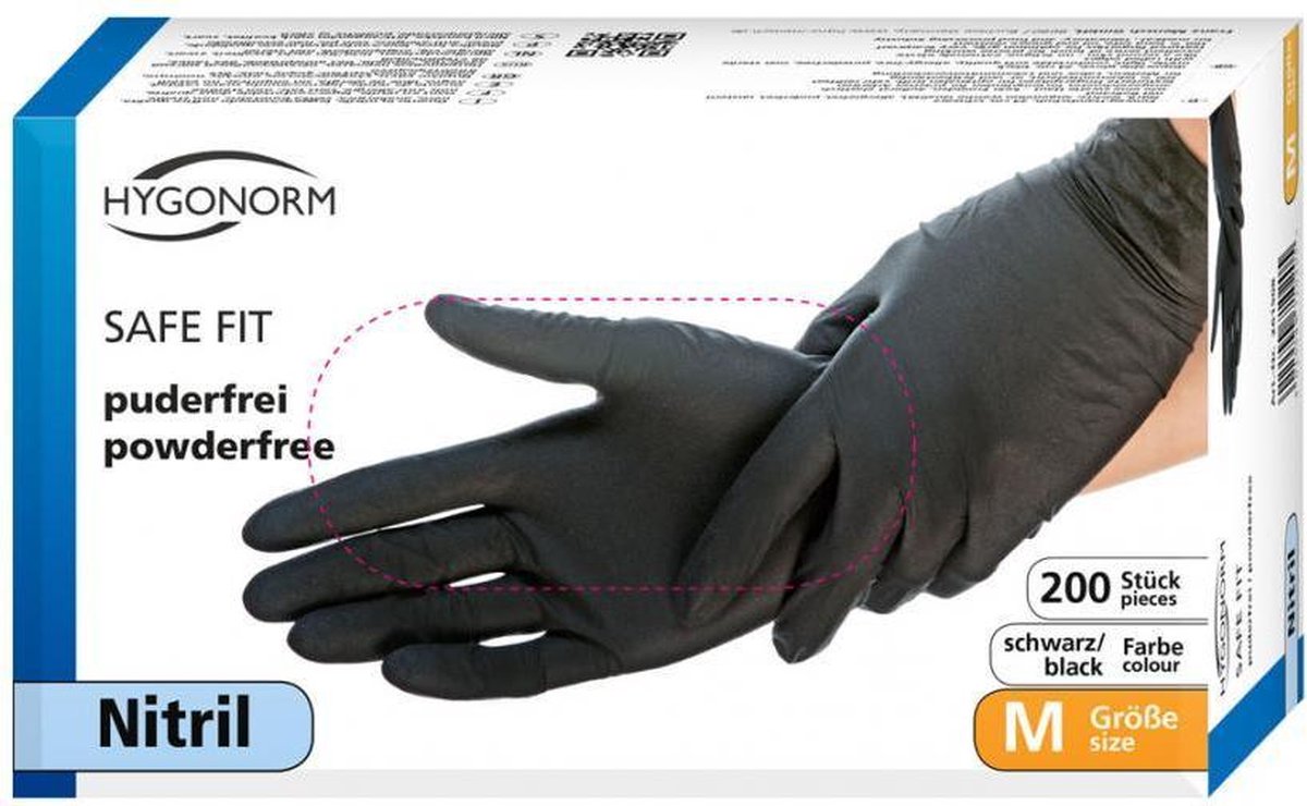 10 x Hygonorm Nitril-Handschuh Safe Fit puderfrei S 24cm schwarz VE=20