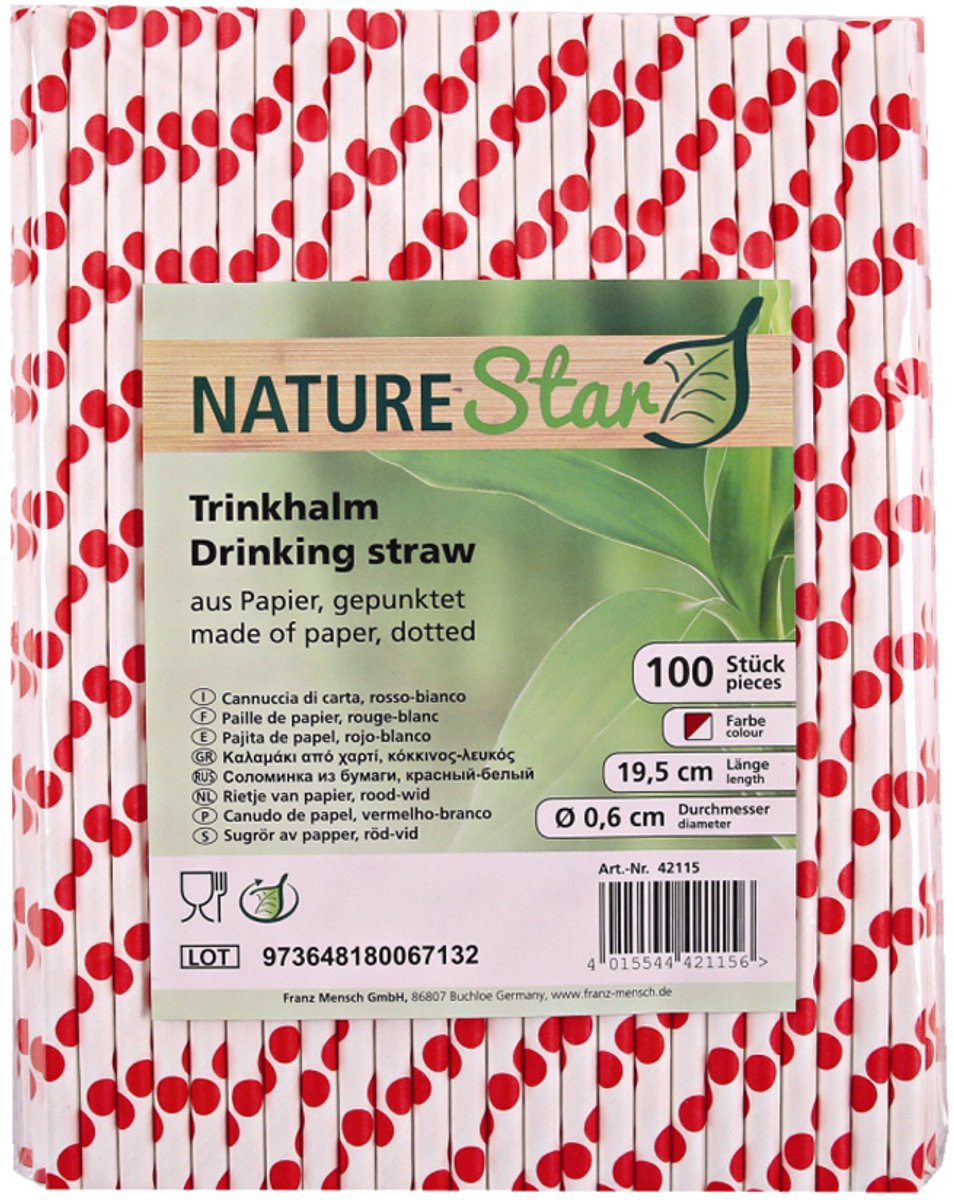 50 x NatureStar Papier-Trinkhalme 6x197mm VE=100 Stück rot-weiß