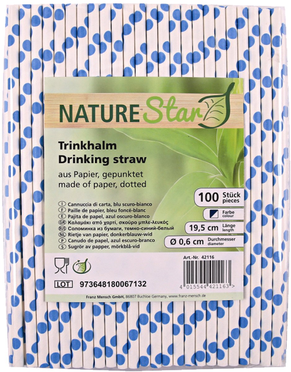 50 x NatureStar Papier-Trinkhalme 6x197mm VE=100 Stück dunkelblau-weiß