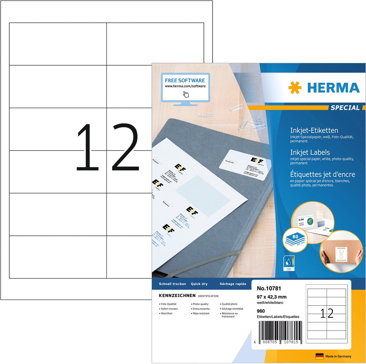 HERMA Inkjet-Etiketten weiß 97x42,3mm Special A4 VE=960 Stück