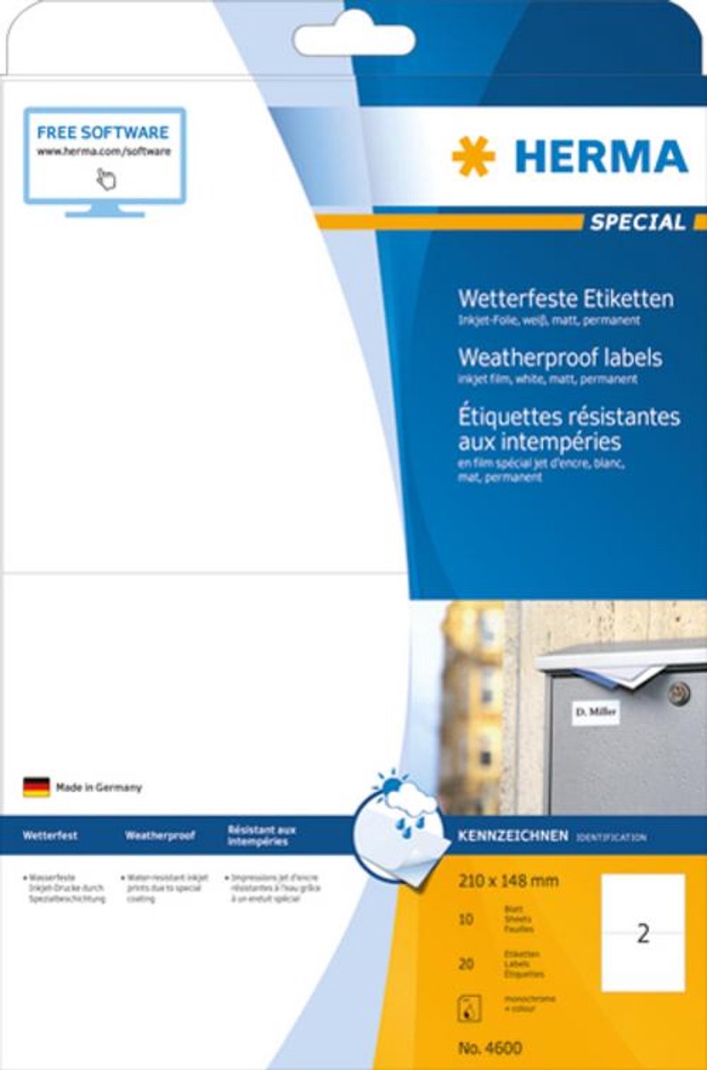 HERMA Inkjet-Etiketten A4 210,0x148,0mm weiß Folie VE=80 Stück