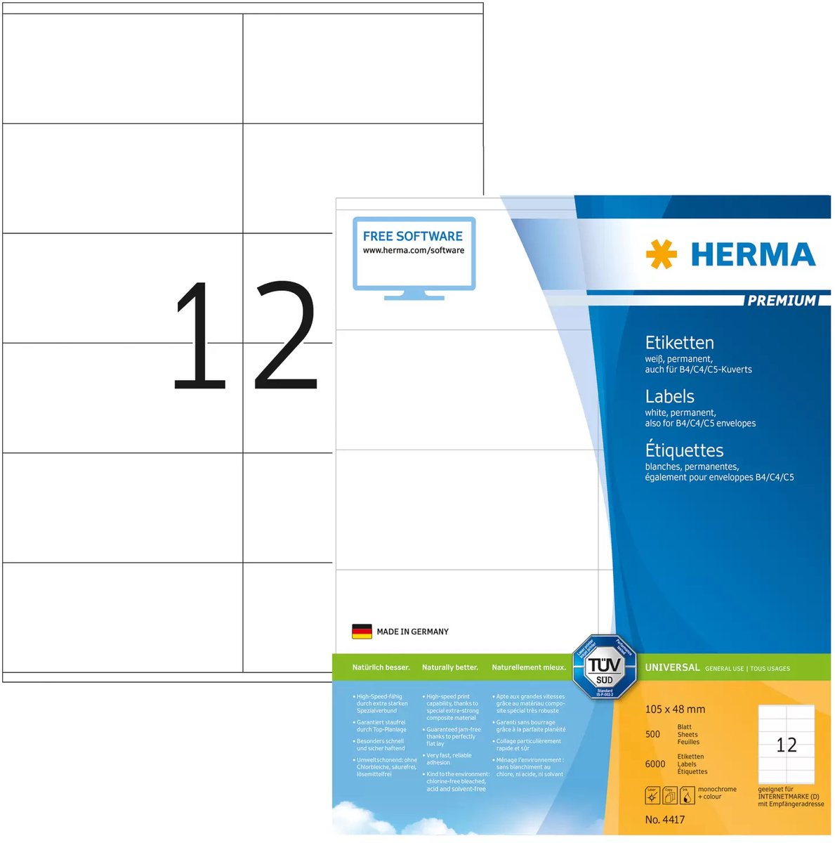 HERMA Etiketten weiß 105x48mm Premium A4 VE=6000 Stück