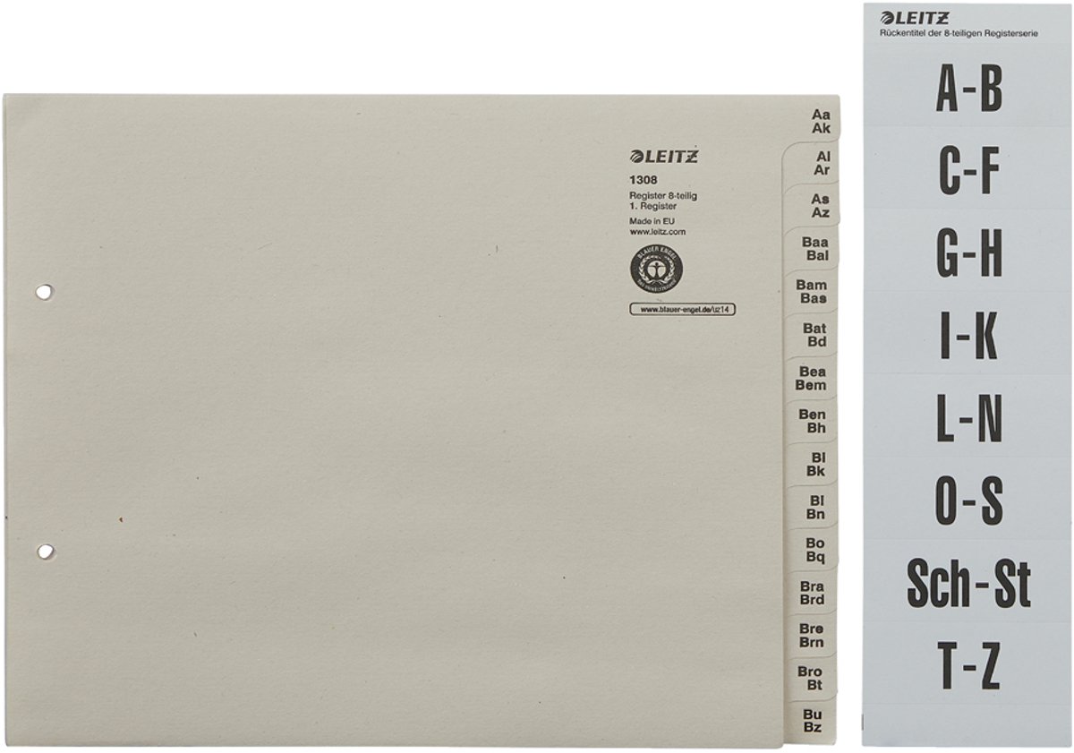 Leitz Registerserie A4 1/2 Höhe Tauenpapier A-Z 75 Abläufe grau