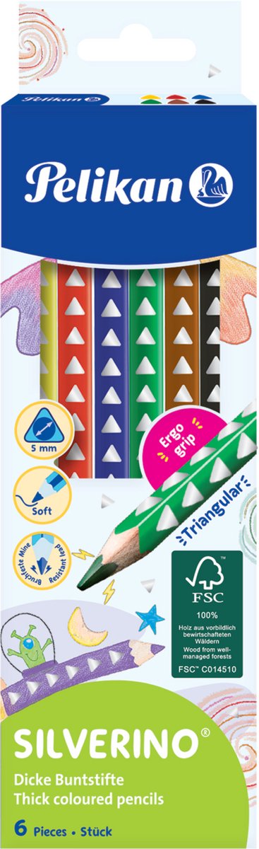 10 x Pelikan Buntstifte Silverino dreieckig dick 5mm VE=6 Farben Schac