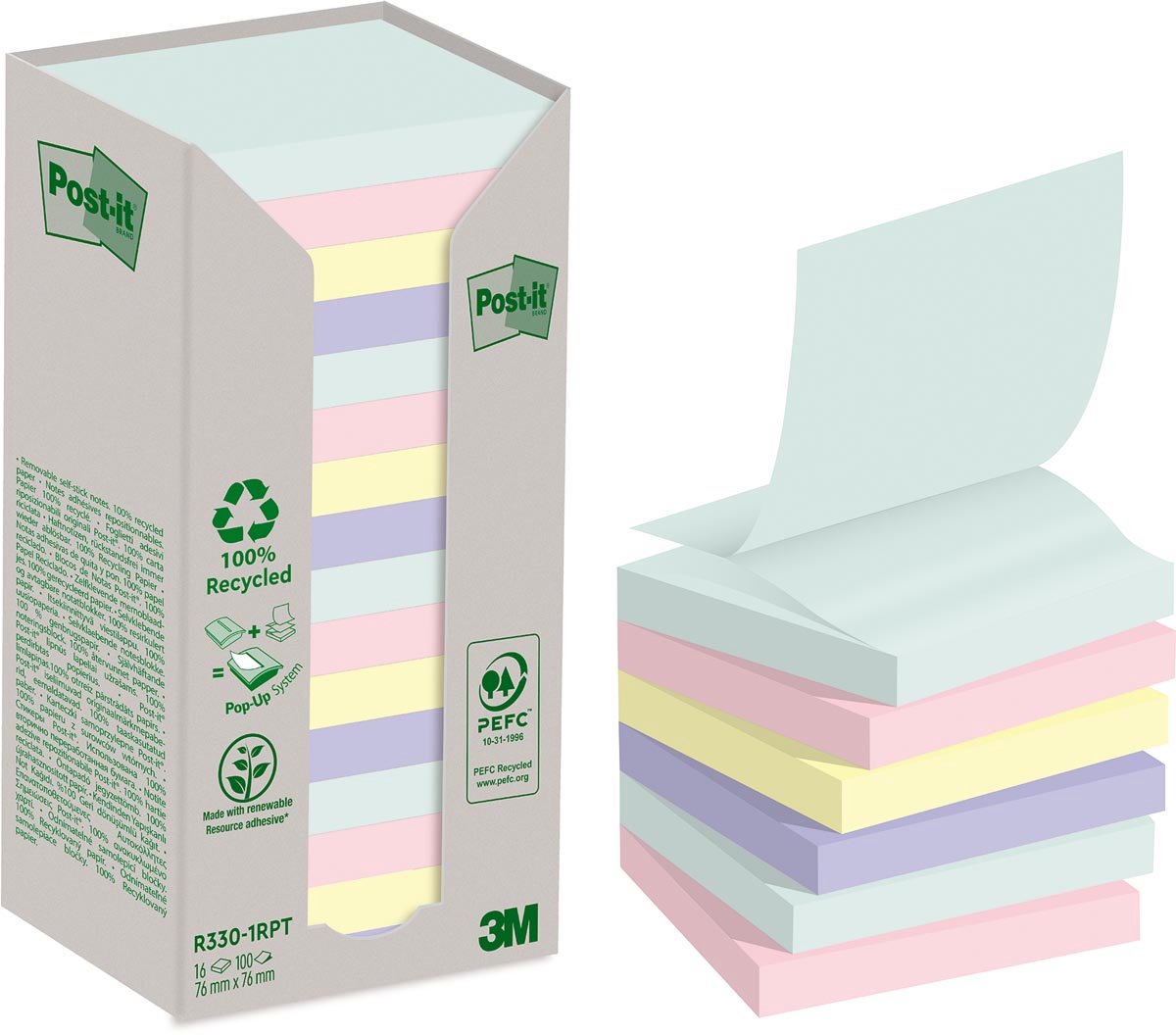 Post-it Haftnotizblock Recycling Notes - 76 x 76 mm sortiert 16 x 100