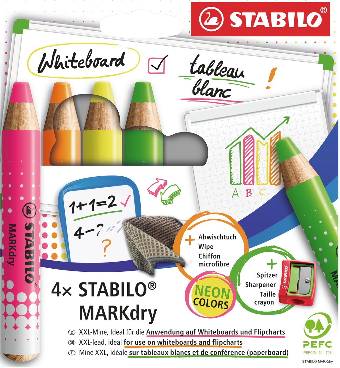 10 x Stabilo Whiteboard/Flipchart-Marker Etui 4 Stück + Spitzer + Abwi