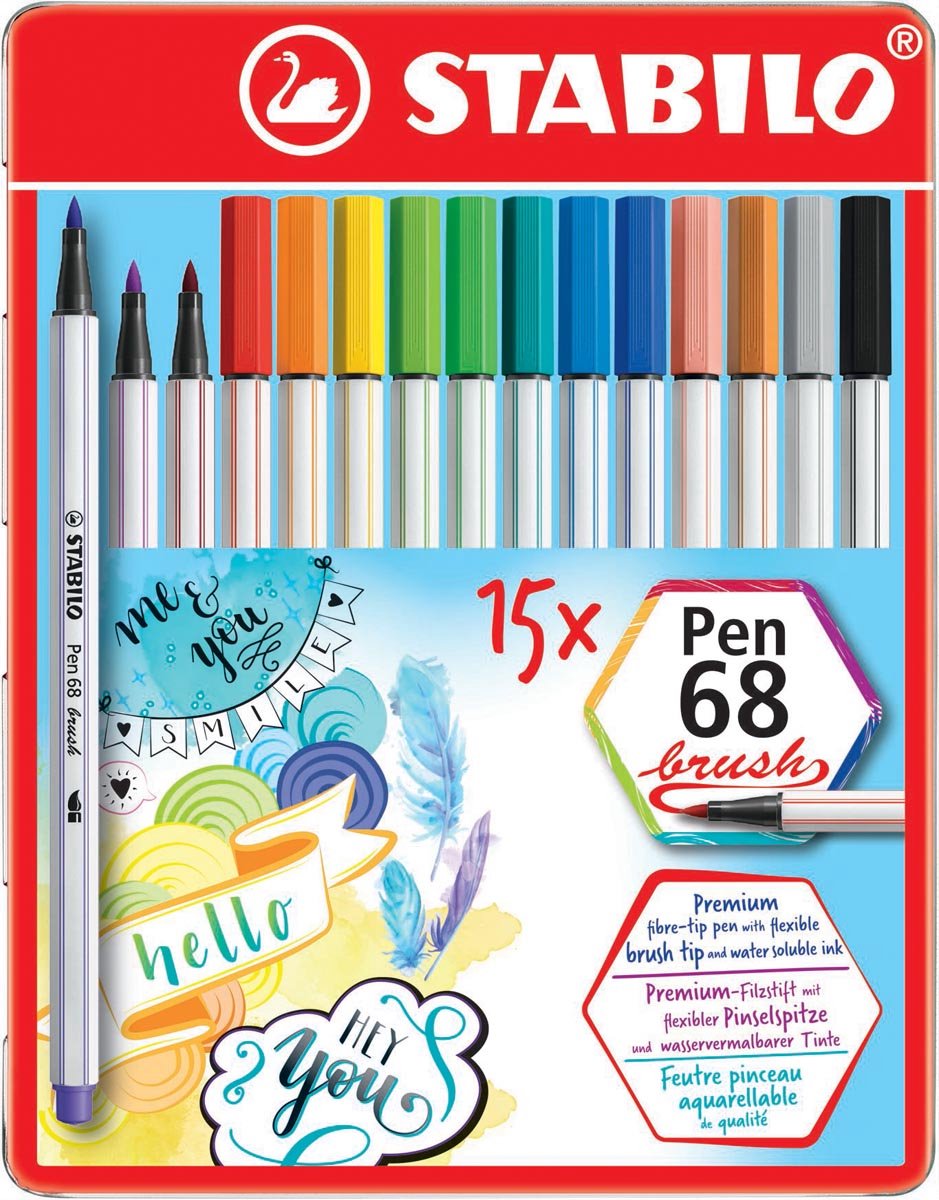 5 x Stabilo Premium-Filzstift mit Pinselspitze Pen 68 brush Etui VE=15