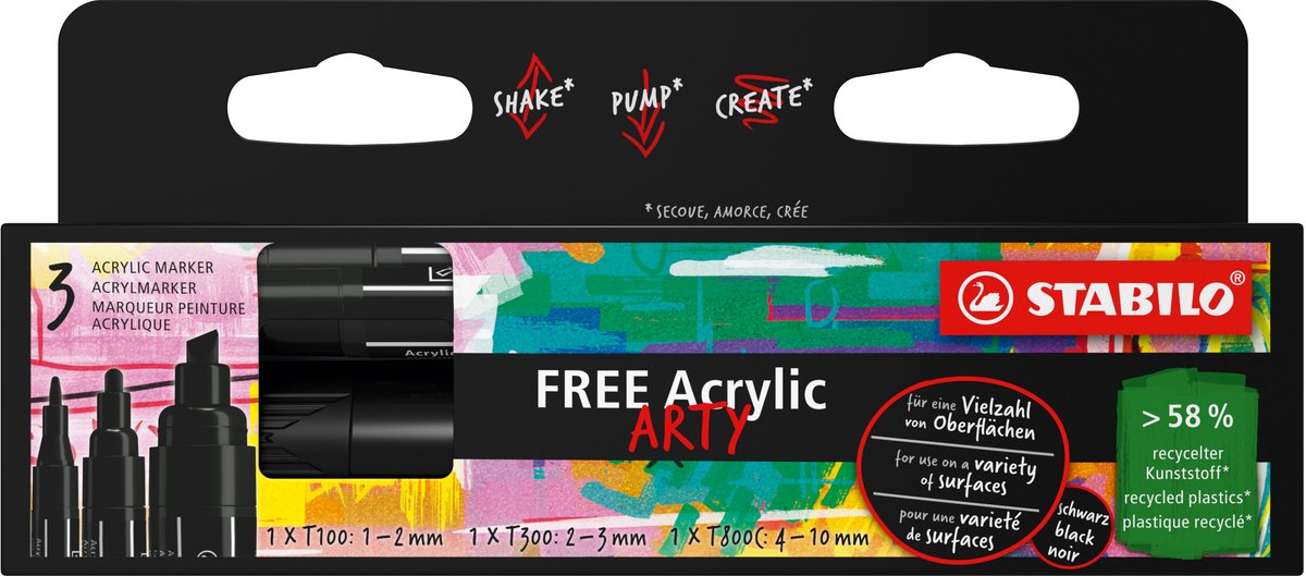 5 x Stabilo Acrymarker FREE Acrylic Kartonetui 3 Stück/3 Spitzen schwa