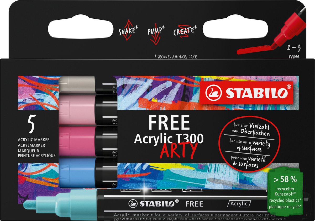 5 x Stabilo Acrymarker FREE Acrylic T300 Kartonetui 5 Stück/5 Farben C
