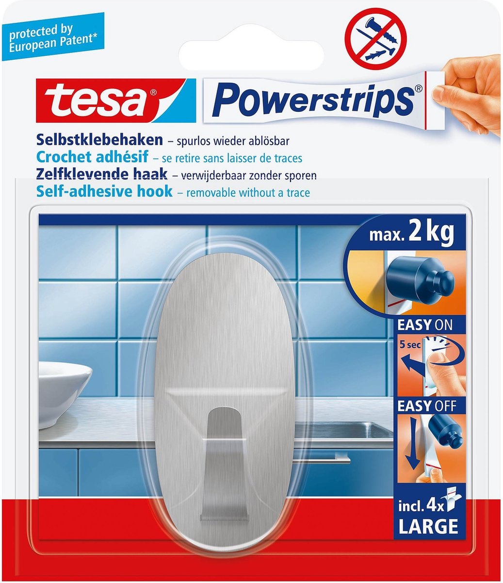 6 x Tesa Klebehaken Powerstrips L Edelstahl Oval