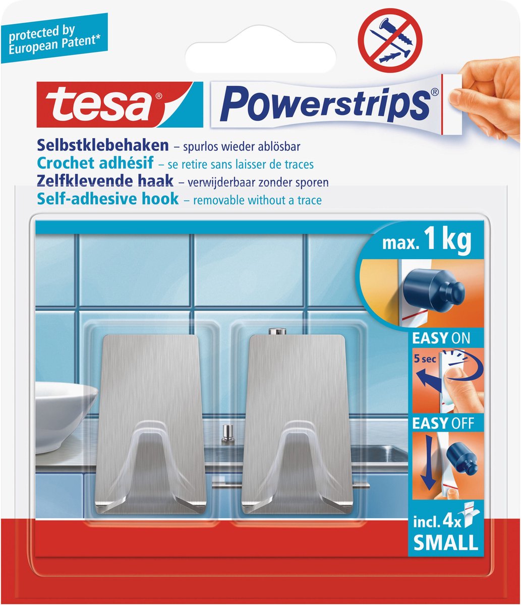 6 x Tesa Klebehaken Powerstrips S Edelstahl Eckig VE=2 Stück