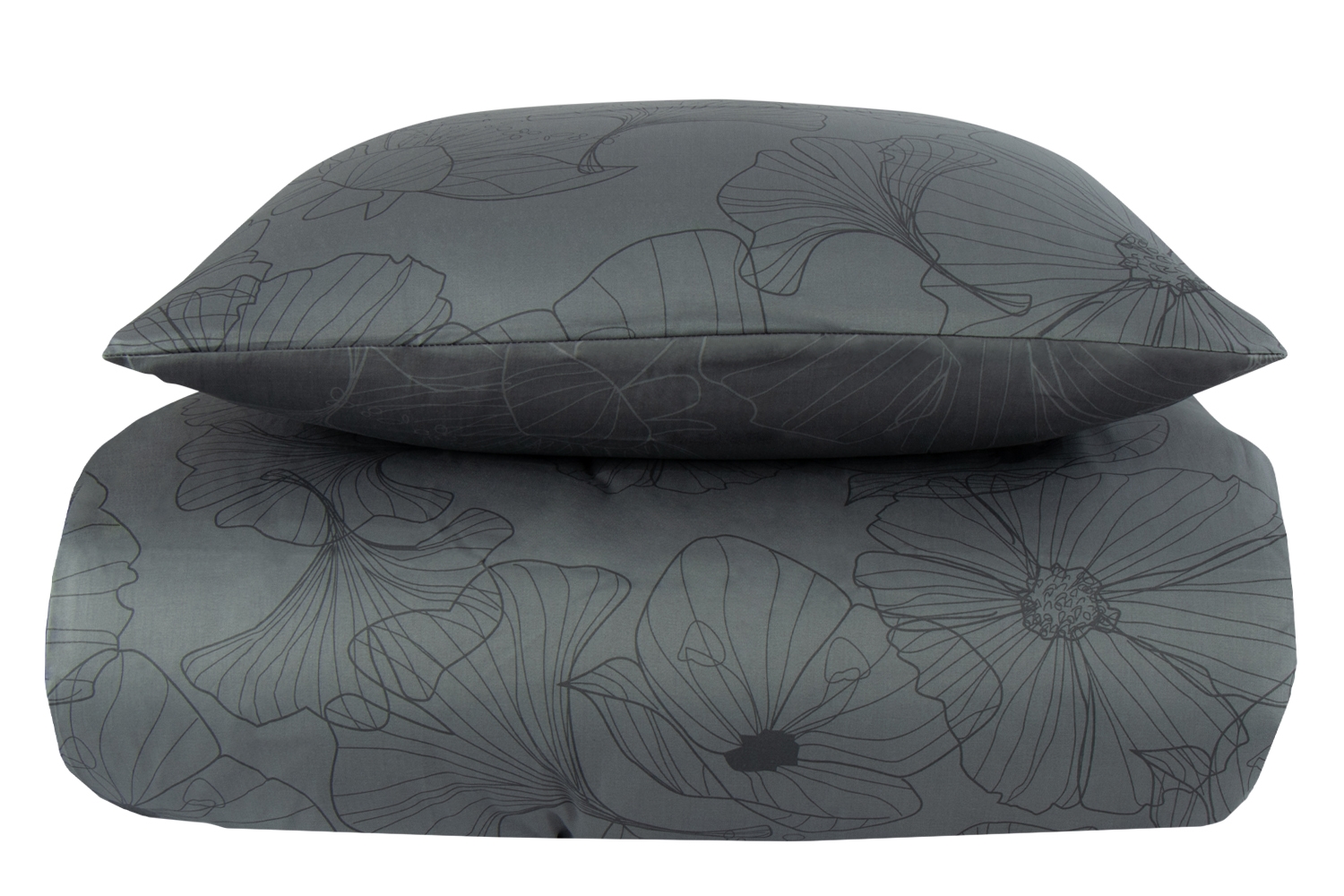 Doppelbett-Bettwäsche 240x220 cm - Baumwollsatin - Big Flower grau - Wendbares Blumenmuster