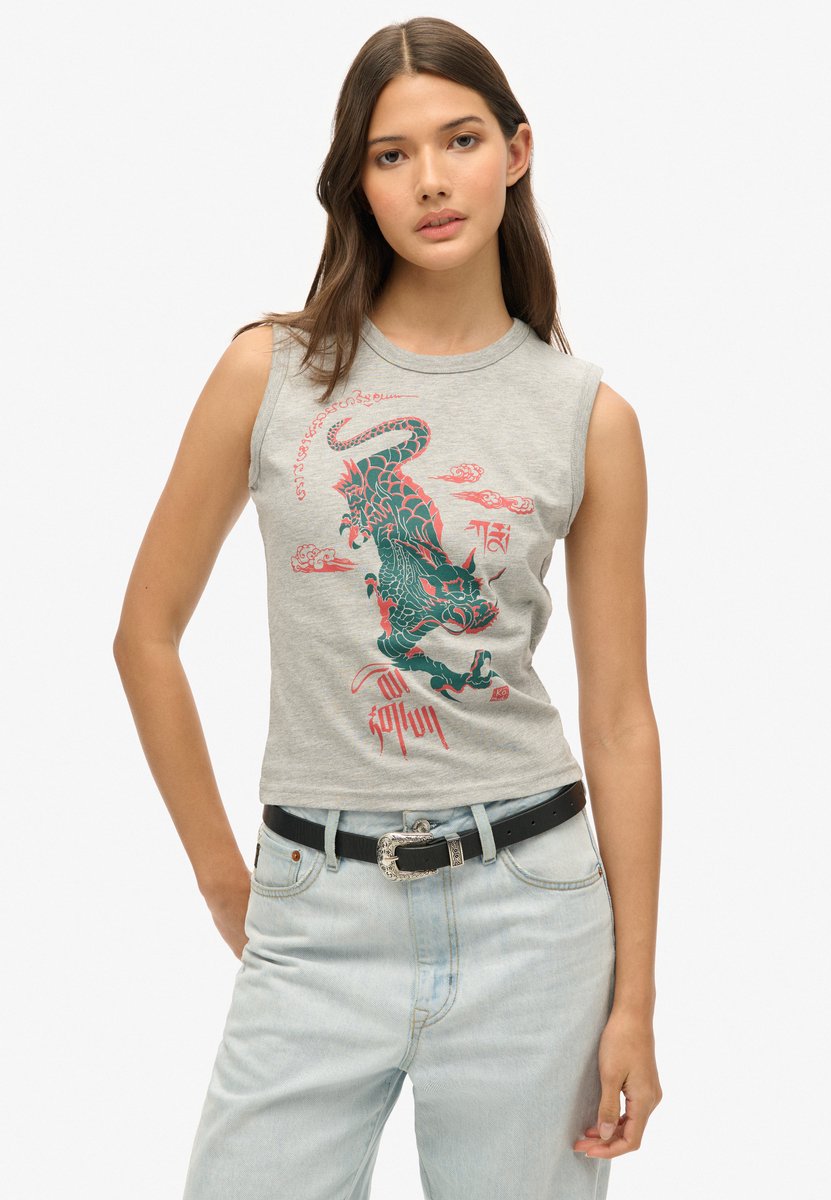 Superdry Damen Schmales Superdry x Komodo Kailash Dragon Tanktop Grau - Größe: 40