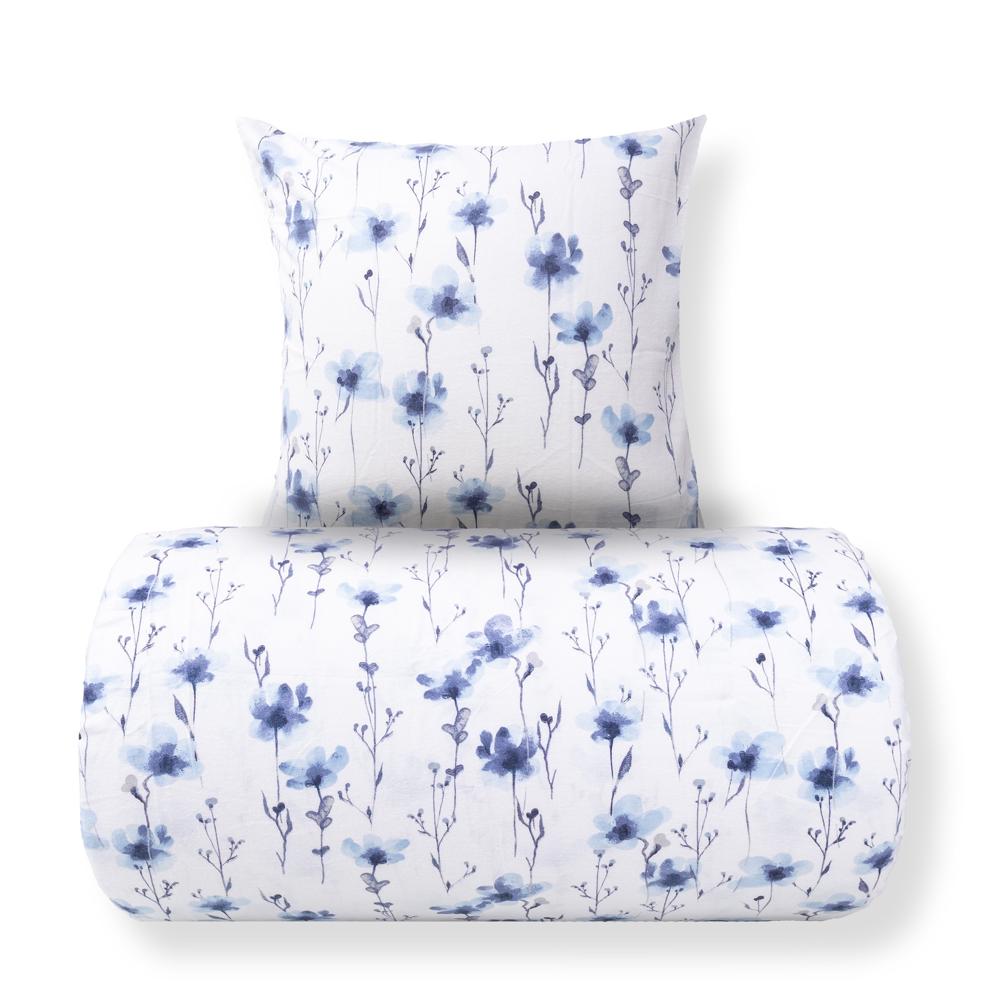 Bettwäsche 150x210 cm - Baumwollflanell-Bettwäsche - Weiß mit blauen Blumen