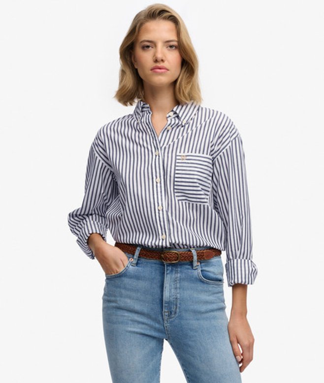 Superdry Damen Poplin Langarmhemd mit Lockerer Passform Navy - Größe: 38