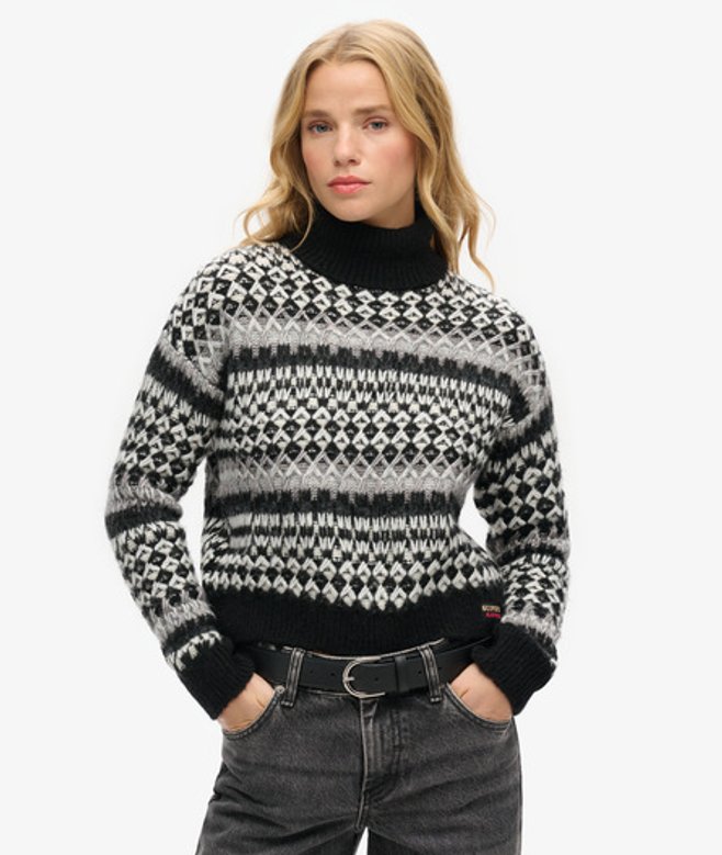 Superdry Damen Kurzer Strickpullover mit Rollkragen Schwarz - Größe: 44
