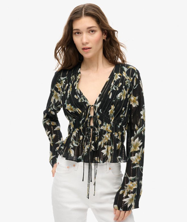 Superdry Damen 70s Ärmel Plissiertes Gewebtes Top Schwarz - Größe: 44