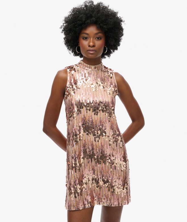 Superdry Damen Minikleid in A-Linie mit Pailletten, Rosa - Größe: 40