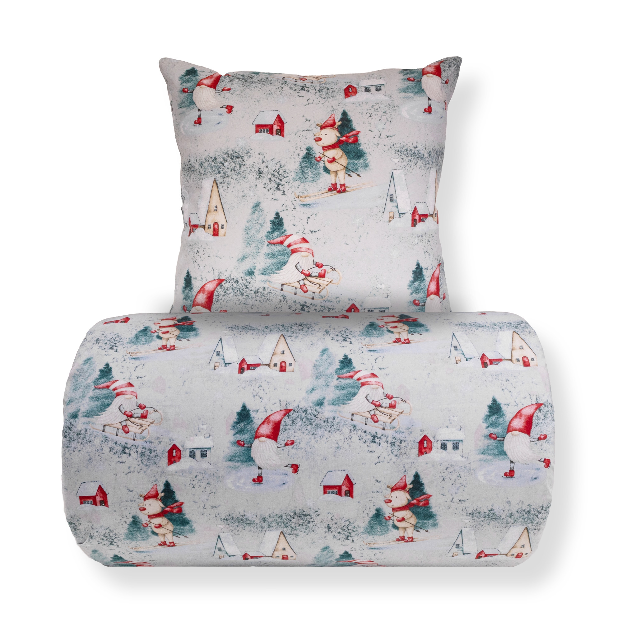 Doppelte Weihnachts-Bettwäsche 200x220 cm - 100% Baumwolle - Grau mit Wichtel-Design