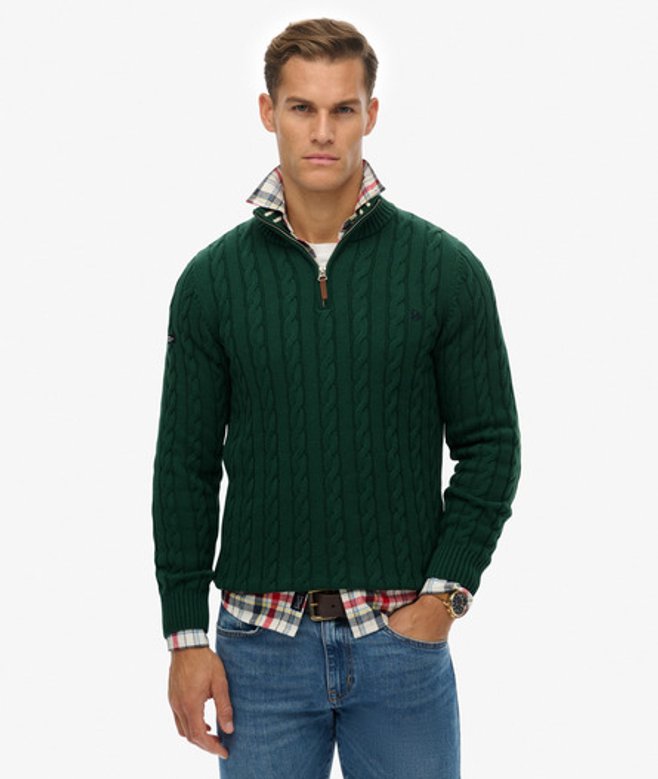 Superdry Herren Organic Cotton Klassischer Zopfmuster-pullover mit Reißverschluss Green - Größe: XL