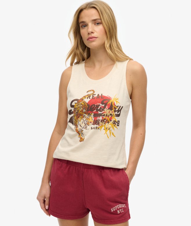 Superdry Damen Vintage Logo Tokyo Trägerhemd mit Rundhalsausschnitt Beige - Größe: 36