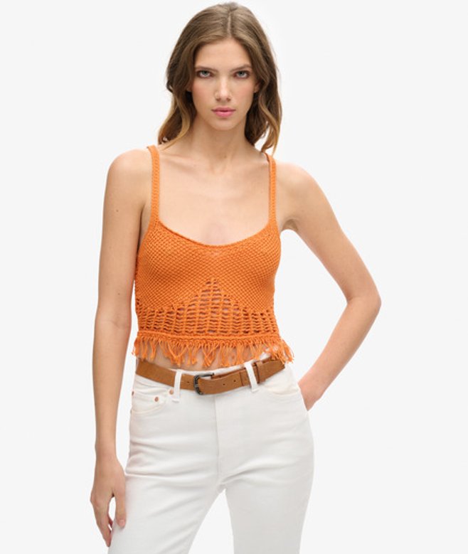 Superdry Damen Vintage Häkeloberteil mit Fransen Orange - Größe: 44