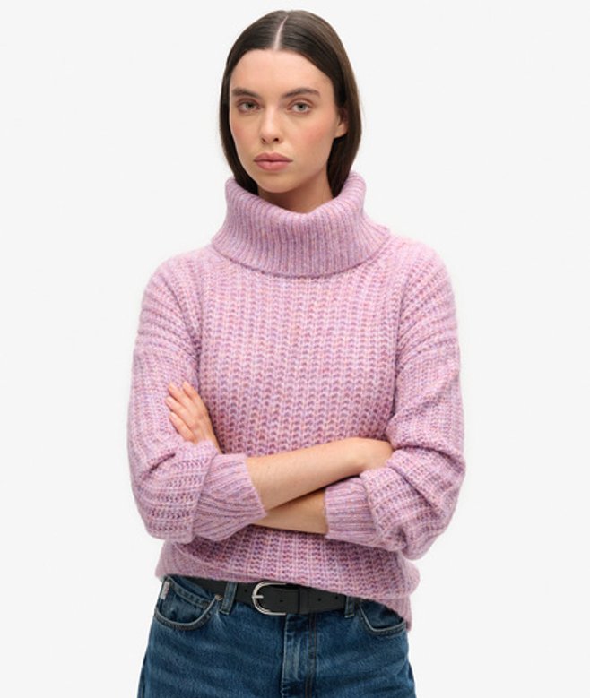 Superdry Damen Angerauter, Gerippter Pullover mit Ausschnitt in Knautschoptik Lila - Größe: 42-44