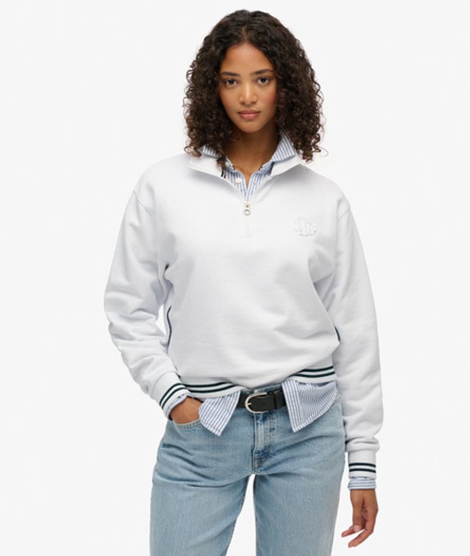 Superdry Damen Country Club Halbzipper mit Prägedruck White - Größe: 38