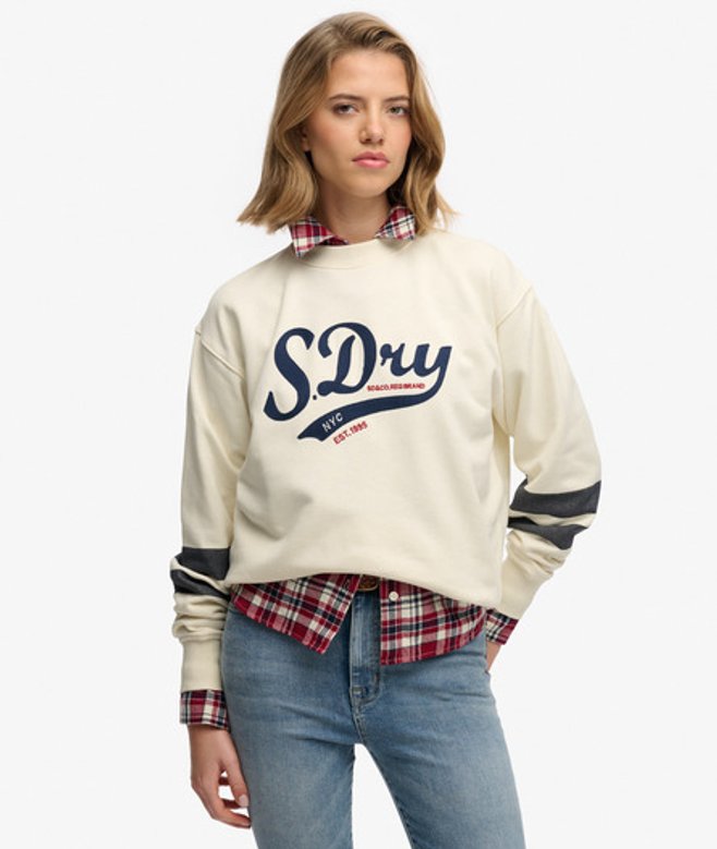 Superdry Damen Varsity Script Sweatshirt mit Lockerer Passform Cream - Größe: 40
