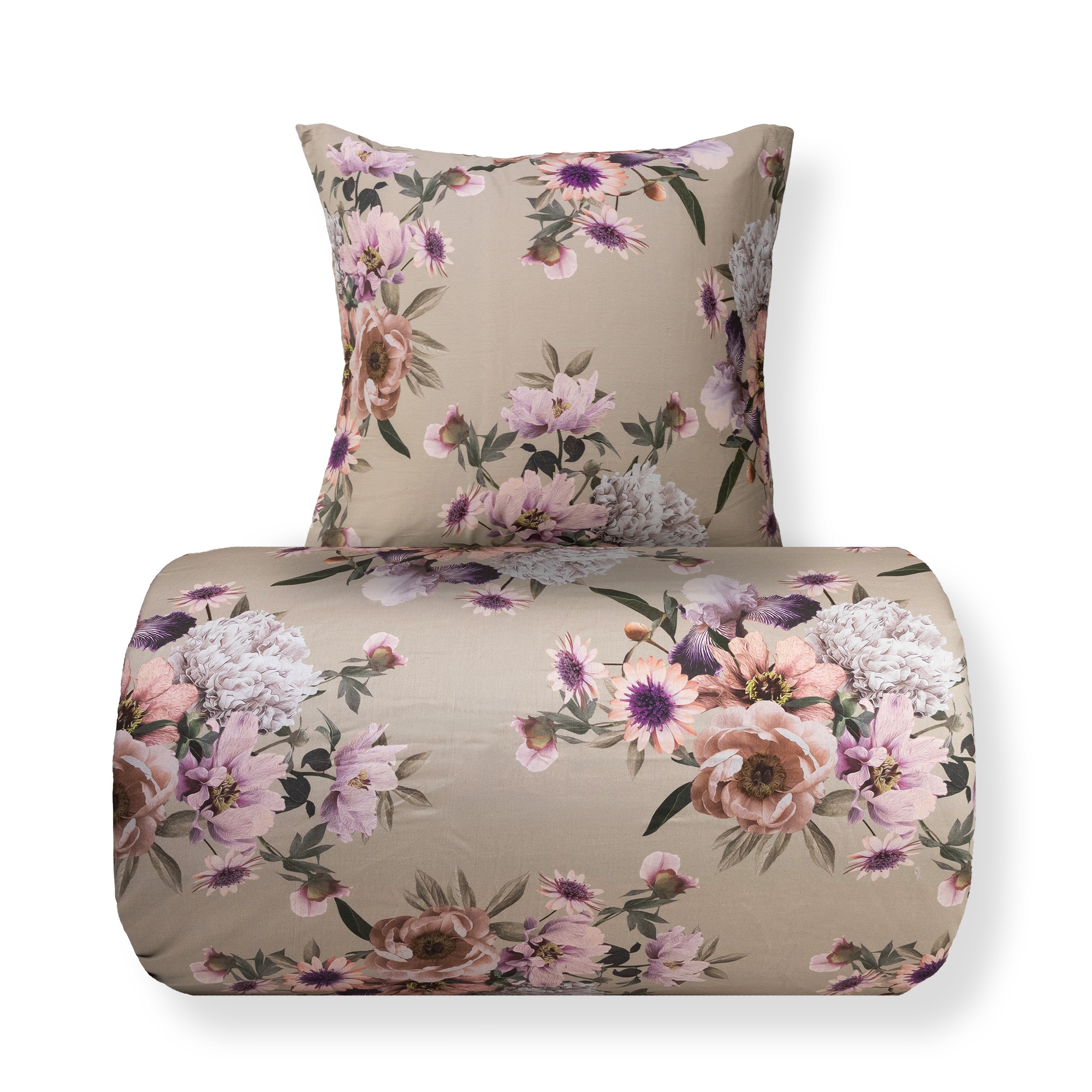Bettwäsche 140x200 cm - Baumwollsatin - Wendbare beige Blumen-Bettwäsche