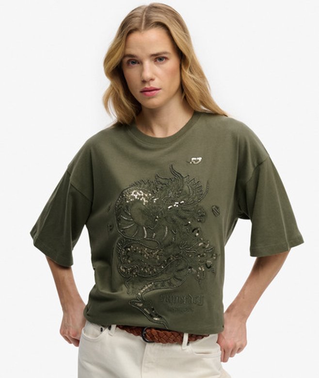 Superdry Damen Tattoo Verziertes OverGrößed T-shirt Green - Größe: 38