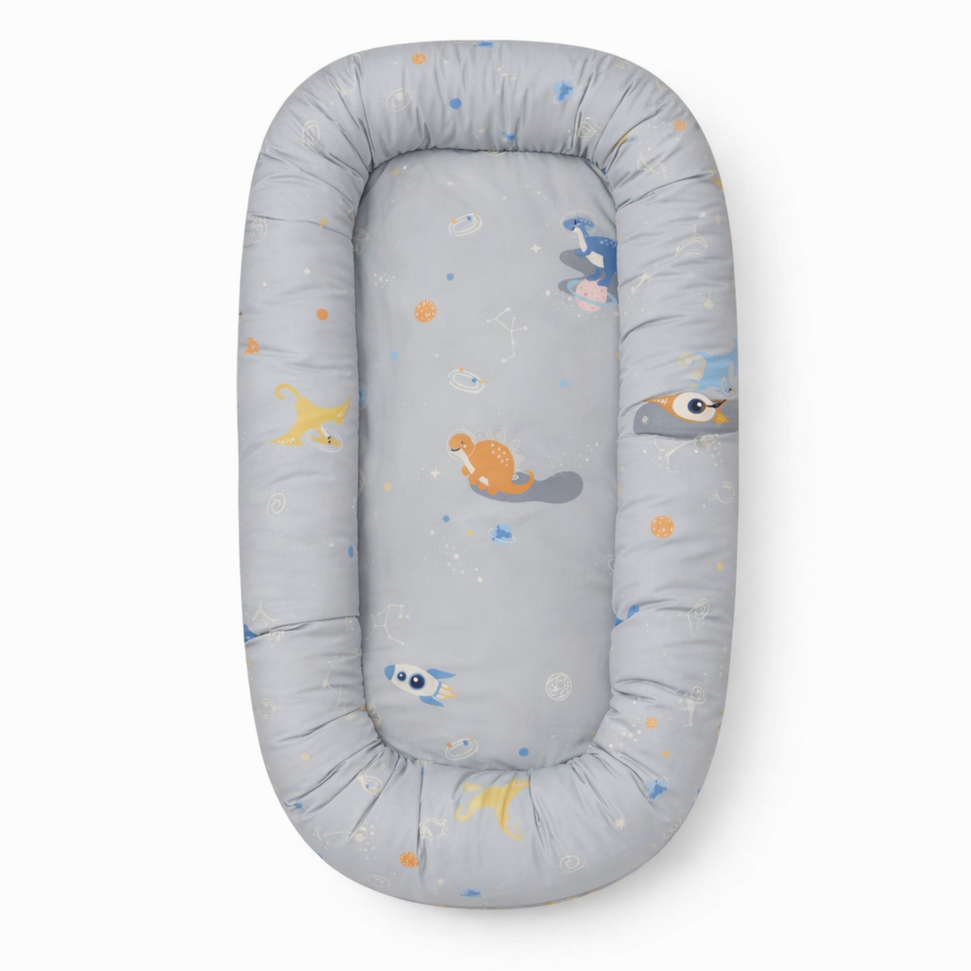 Babynest - 86x46x14,5 cm - Grau mit Weltraum-Dinosaurier