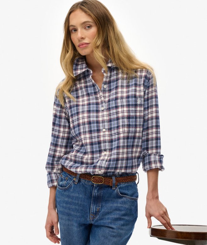Superdry Damen Kariertes Hemd aus Flanell im Boyfriend-stil Blue - Größe: 38