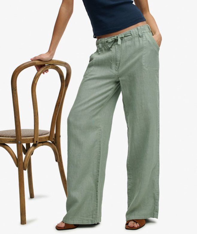 Superdry Damen Leinenhose mit Tiefem Bund Green - Größe: 38