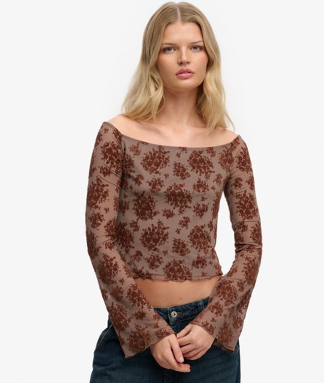 Superdry Damen Langarmshirt aus Mesh mit Flockdruck Brown - Größe: 38