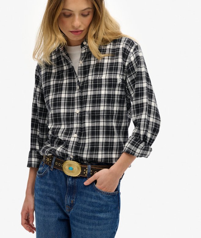 Superdry Damen Kariertes Hemd aus Flanell im Boyfriend-stil Black - Größe: 36