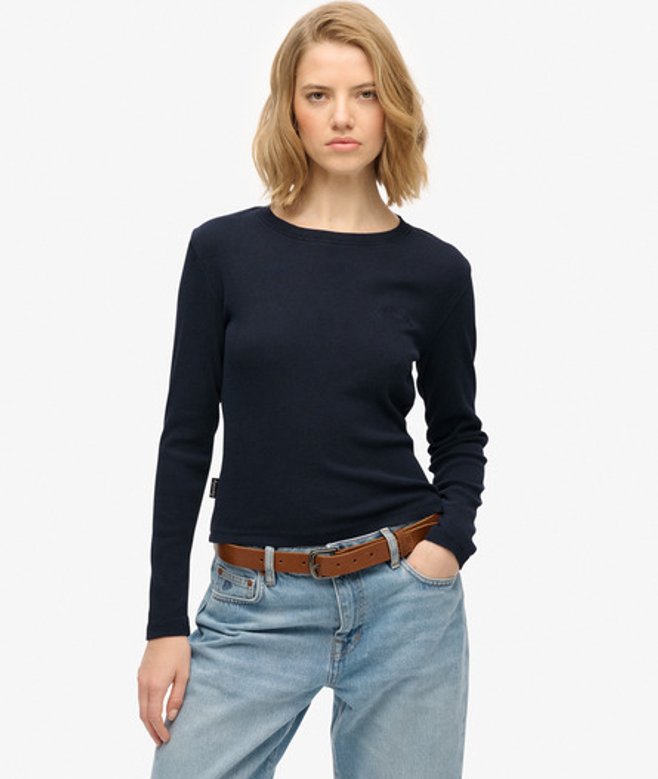 Superdry Damen Athletic Essentials Logo Kleidungsstück Gefärbt Geripptes Oberteil Navy - Größe: 44