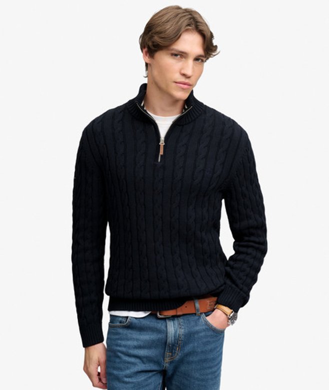 Superdry Herren Organic Cotton Klassischer Zopfmuster-pullover mit Reißverschluss Navy - Größe: L
