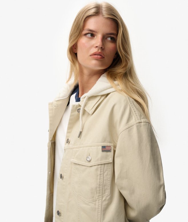 Superdry Damen Relaxed Hooded Trucker Jacke Beige - Größe: 42