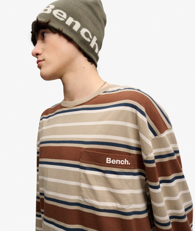 Superdry Herren Bench OverGrößed Streifen-langarmshirt Beige - Größe: M