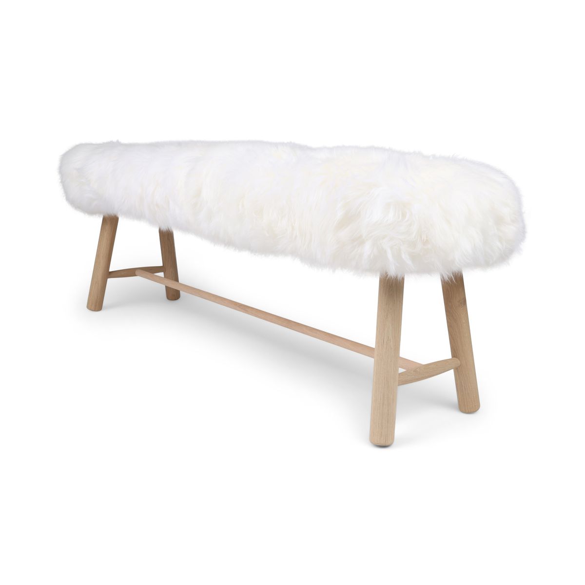 Holzbank mit Lammfell | Langhaar | Neuseeland | Eichenbeine | 140x35x45 cm