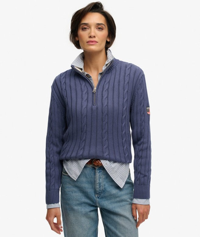 Superdry Damen Zopfmuster-pullover mit Reißverschluss Navy - Größe: 40