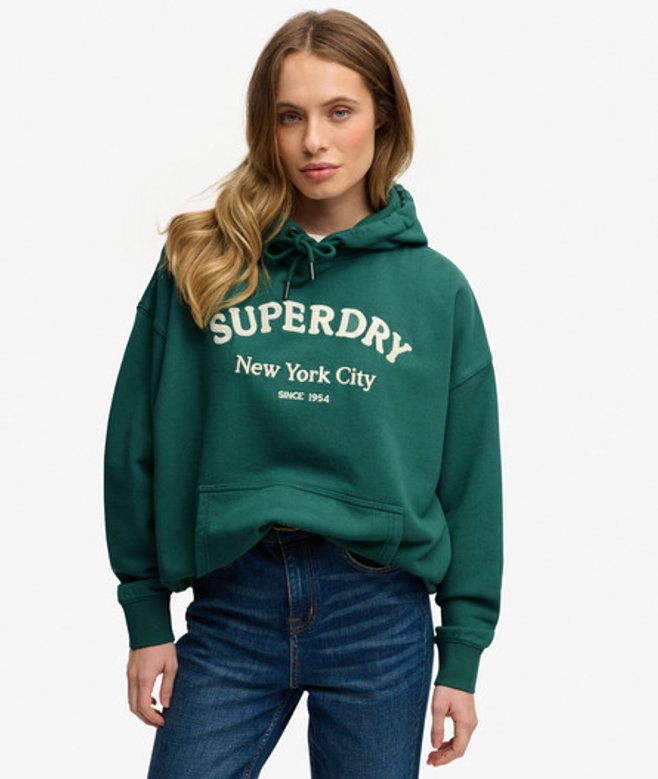 Superdry Damen Baumwolle Gesticktes Logo Luxe Lässiger Kapuzenpullover in Lockerer Passform, Grün & Creme - Größe: 38