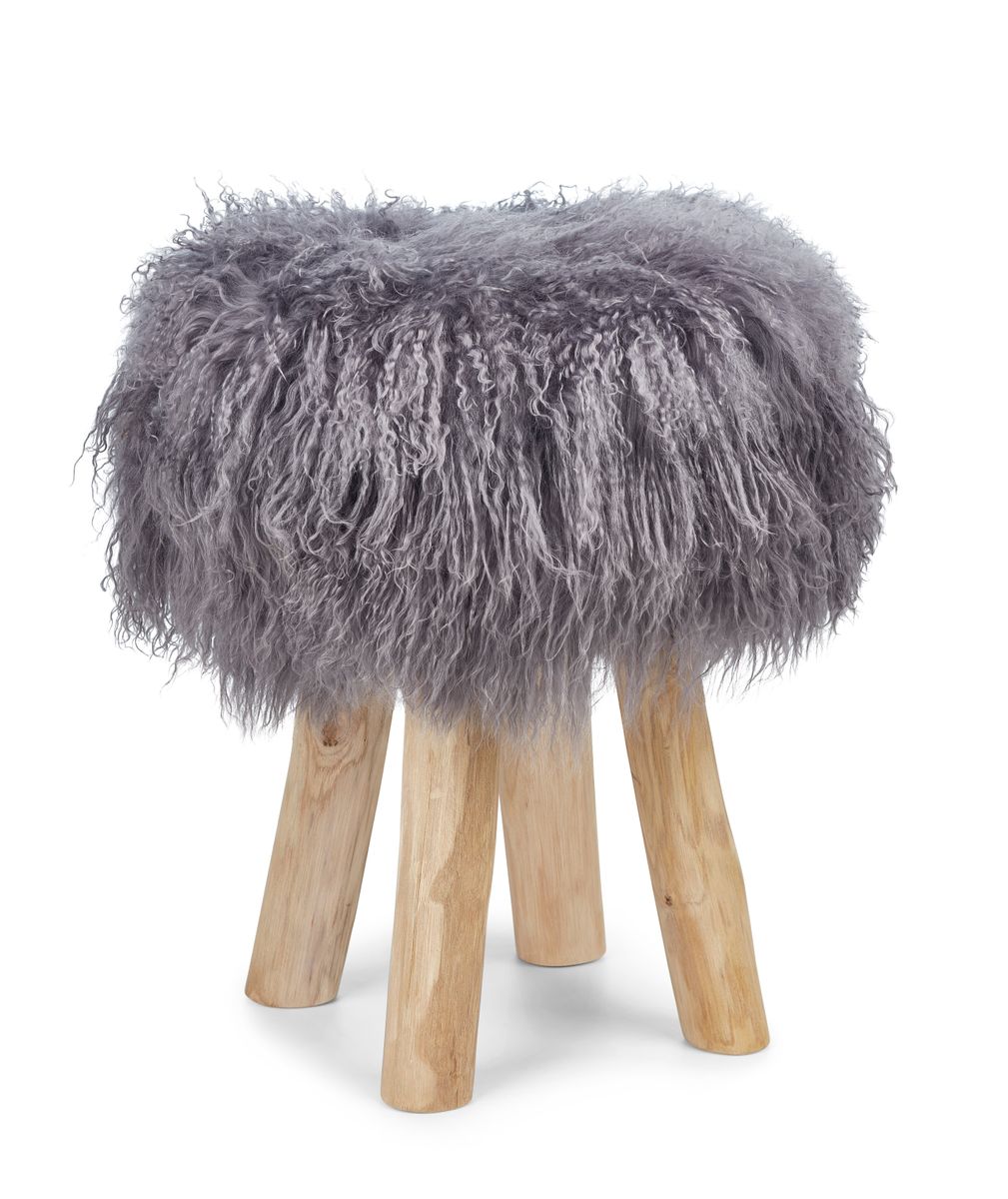 Holzhocker mit Lammfell | Tibet | 48xD34 cm