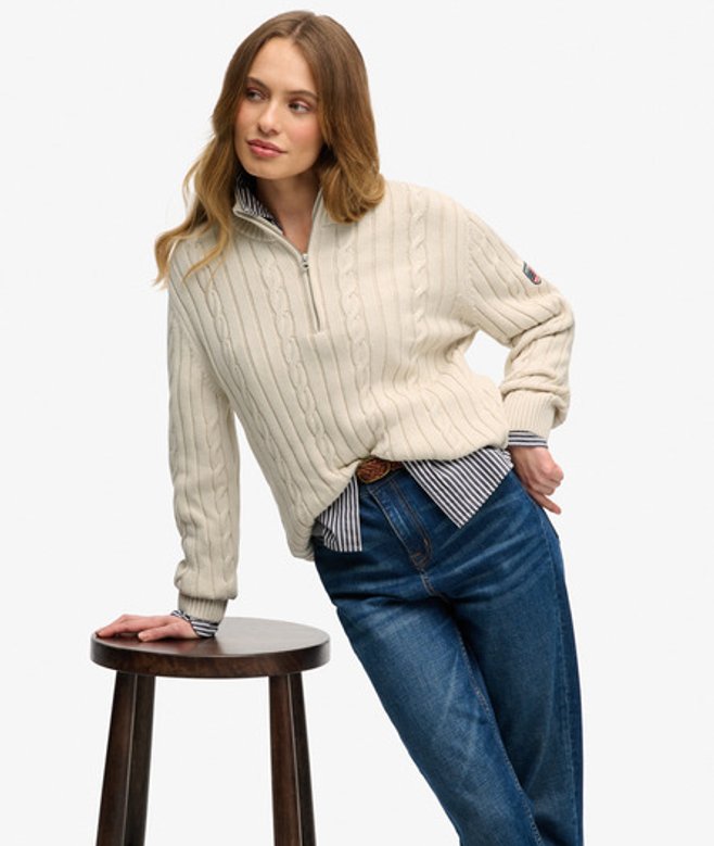 Superdry Damen Zopfmuster-pullover mit Reißverschluss Beige - Größe: 40