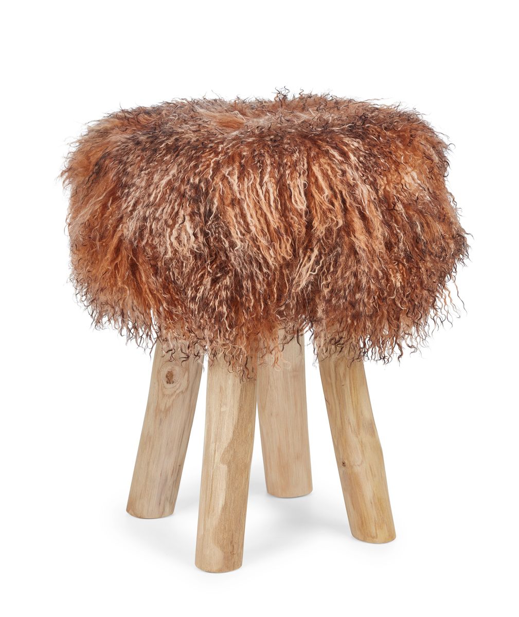 Holzhocker mit Lammfell | Tibet | 48xD34 cm