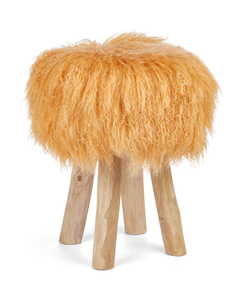 Holzhocker mit Lammfell | Tibet | 48xD34 cm