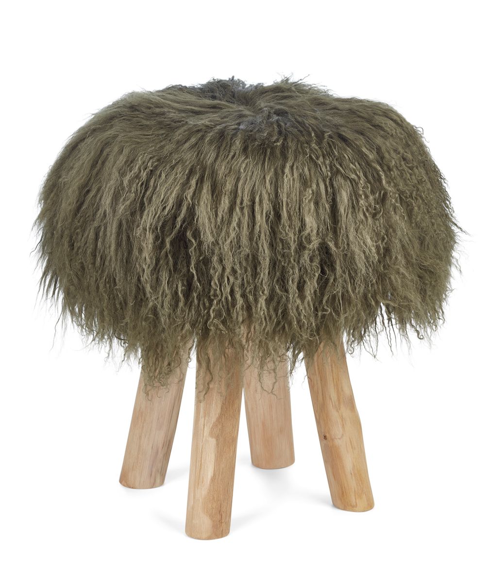 Holzhocker mit Lammfell | Tibet | 48xD34 cm