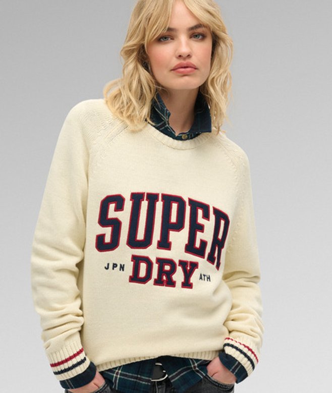 Superdry Damen Lässiger Strickpullover mit Rundhalsausschnitt und Grafik Weiß - Größe: 42