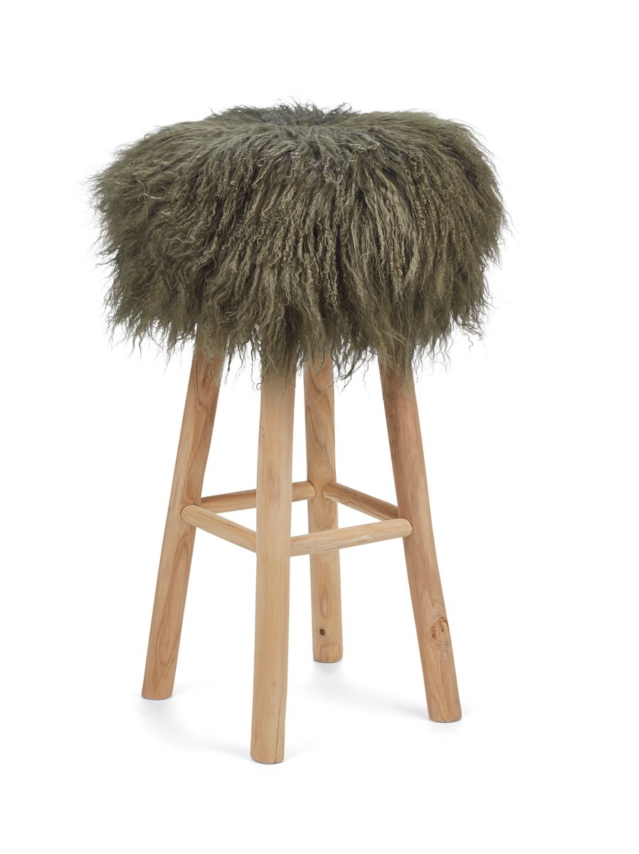 Holzbarhocker mit Lammfell | Tibet